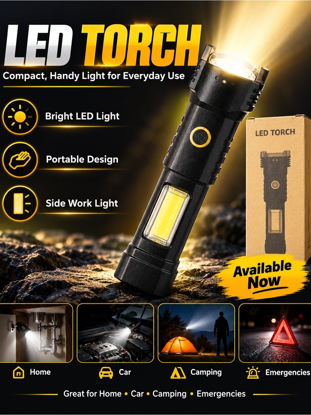 LED Torch Flashlight - Black Compact Work & Emergency Light
